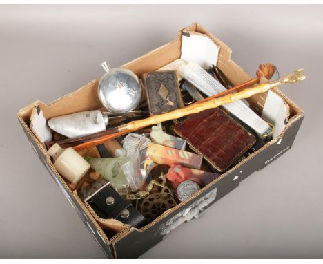 A box of collectables, to include hip flask, hand fans, chain mail purse etc.  