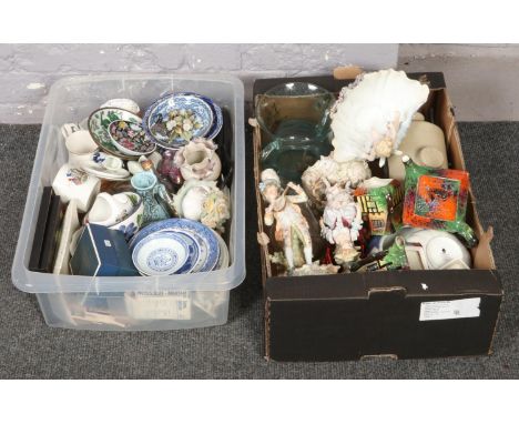 Two boxes of miscellaneous to include ceramic figural centre piece, twin handle coloured glass bowl, stoneware, Wedgwood etc.