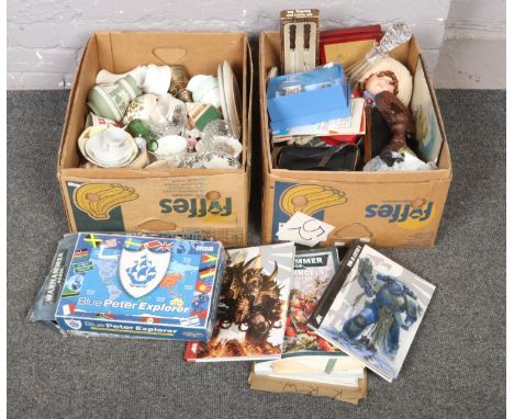 Two boxes of misc to include Goebel figures, Wedgwood jasperware jug, war hammer strategy guides, bisque head dolls etc.  