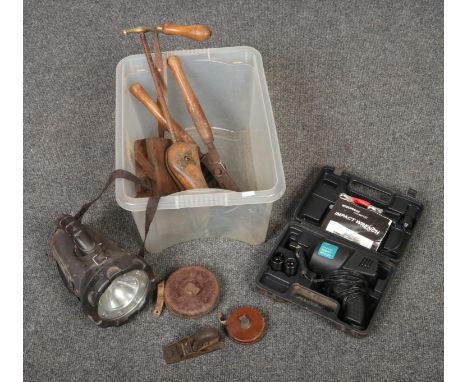 A box of tools, to include cased impact wrench, vintage tape measures, planes etc.  