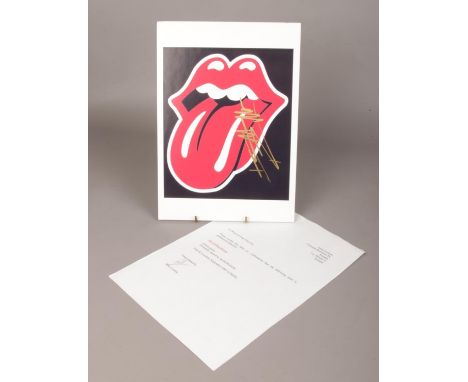 A Rolling Stones logo card signed by Keith Richards.  