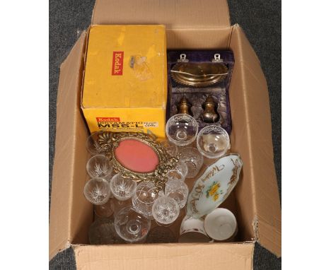 A box of miscellaneous, to include Kodak Instamatic projector, drinking glasses, cased cruet set etc.  