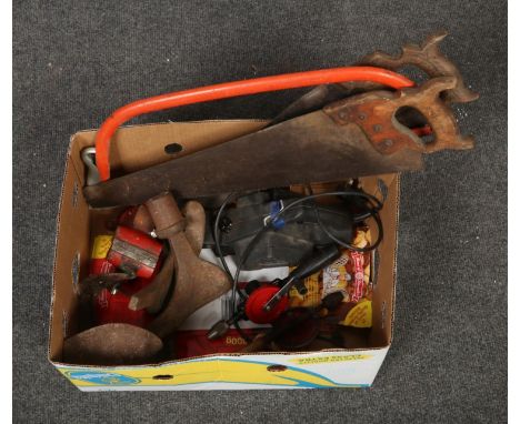 A box of tools, to include saws, vice, hand drills etc.  