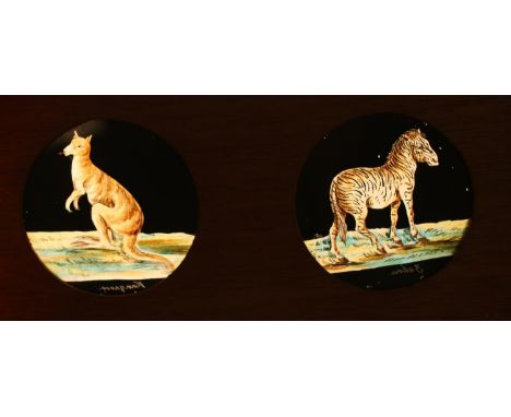 Eight Victorian Children's educational zoomorphic hand painted double magic lantern slides in mahogany frames, 20cm x 10cm.  