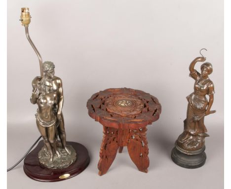 An Indian carved wood inlaid table along with a Juliana collection figural table lamp and another figure.  Table 23cm high.