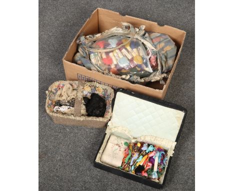 A large vintage sewing bag containing assorted tapestry wool, sewing basket containing beads and sequins and a box with embro