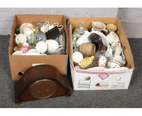 Two boxes of miscellaneous to include Colclough teawares, coloured glassware, ceramic figure, smiths enfield mantel clock etc
