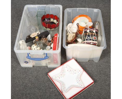 Two boxes of miscellaneous, to include novelty regiments ice bucket, Portmeirion, Tiffany style lamp shade etc.  