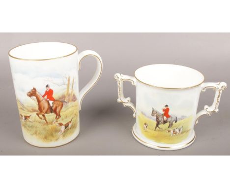 A Royal Crown Derby hand painted loving cup, hunting scene signed J.Barlow along with similar Royal Crown Derby transfer prin