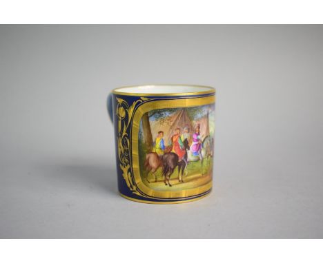 A Sevres Cobalt Blue and Gilt Coffee Can with Hand Painted Cartouches depicting Royal Hunting Party on Horseback 
