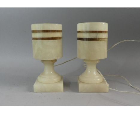 A Pair of Small Art Deco Style Onyx Table Lamps, 20cm high&nbsp;