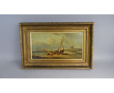 A 19th Century Gilt Framed Oil on Board depicting Fisherman and Family with Barge on Beach Lighting Fire to Cook. Signed Bott