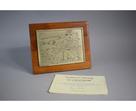 An Etched Sterling Silver Limited Edition Plaque by Pablo Picasso 'Le Chasseur' Mounted on Wooden Back with Easel Support. Co