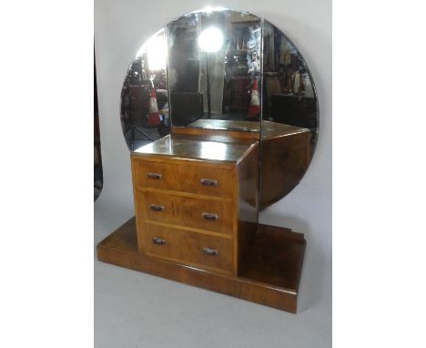 An Art Deco Bedroom Dressing Chest with Three Centre Drawers and Plinth Base, Three Section Circular Mirror, 123cms Wide