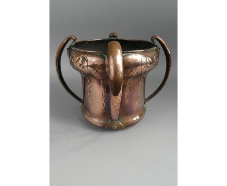A William Soutter and Sons Arts and Crafts/Art Nouveau Hand Beaten Copper Planter with Four Stylised Handles and Tulip Decora