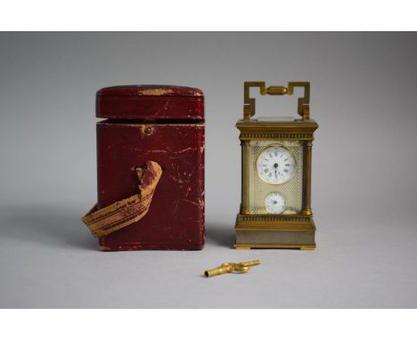 A Small Cased Brass and White Metal French Carriage Clock with White Enamel Dial and Subsidiary Alarm. With Key. Working Orde