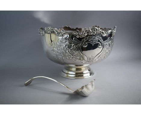 A Large Silver Plated Punch Bowl with Hand Chased Repousse Decoration and Circular Foot. 36cms Diameter with a Silver Plated 
