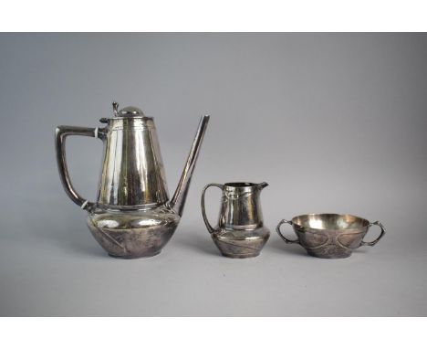 A Polished Pewter Three Piece Art Nouveau Coffee Service by Hutton, Sheffield. 