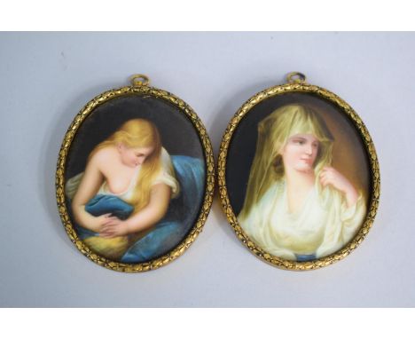 A Pair of 19th Century Framed Continental Oval Portrait Porcelain Miniatures. Magdalena After Batoni and Vestal Virgin After 