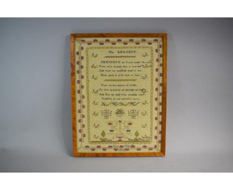 A Framed Georgian Silk Sampler "The Request" With Verse, Flowers and Topiary. Sarah Bedwell Apr 26th, Great Waltham, 1808, 31