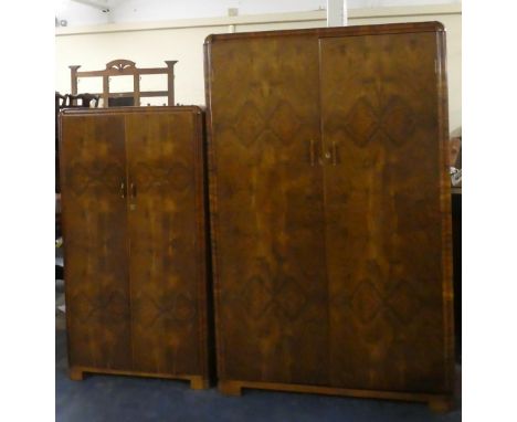 An Art Deco Two Piece Bedroom Suite comprising Burr Walnut Double Wardrobe and a Gents Fitted Small Robe by A and W Stewart, 