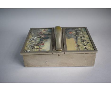 An Edwardian Silver Plated Two Division Cigar and Cigarette Box, The Hinged Lids with Hunting Scenes. Together with Two Glass