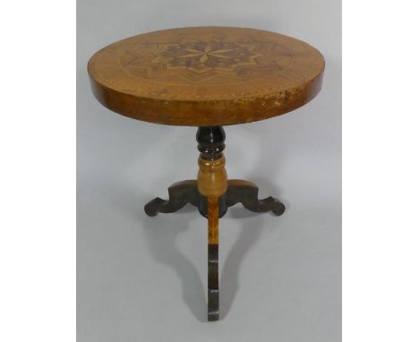 A Late 19th/Early 20th Century Italian Sorrento Ware Pedestal Table with a Parquetry Starburst Circular Top Over a Tripod Bas