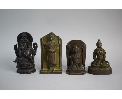 A Collection of Four Early Indian Bronze Shrine Figures to Include Ganesh, Buddha Etc. 13.25cms Wide 