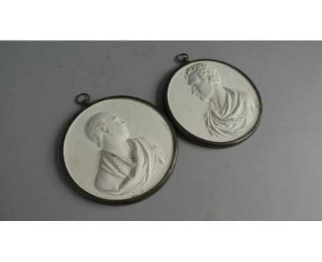 A Pair of Brass Framed Plaster Portrait Medallions of Sir Walter Scott and Lord Byron Both Signed Cranford, Thomas Gibson Cra