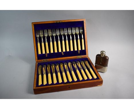 A Leather and Silver Plate Mounted Hunting Hip Flask and Cased Set of Twelve Silver Plated Bone Handled Fish Knives and Forks