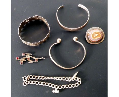 *TWO SILVER TORQUE BANGLES; one with ball ends, London 1985;  one wavy, stamped 925, A CHINESE SILVER METAL BANGLE, engraved 