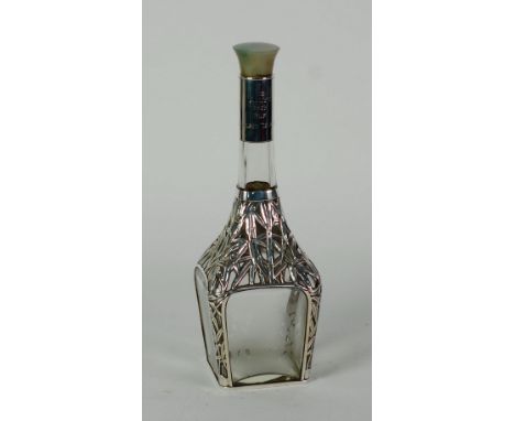 TWENTIETH CENTURY JAPANESE  K. UYEDA STERLING (.970) SILVER MOUNTED GLASS DECANTER, with pale green jade stopper, of square t