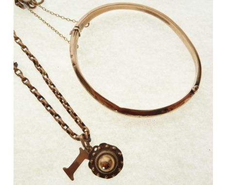 9CT GOLD HINGE OPENING BANGLE, Chester 1885, and AN ELONGATED BELCHER CHAIN NECKLACE (tested 9ct), WITH TWO ROLLED GOLD PENDA