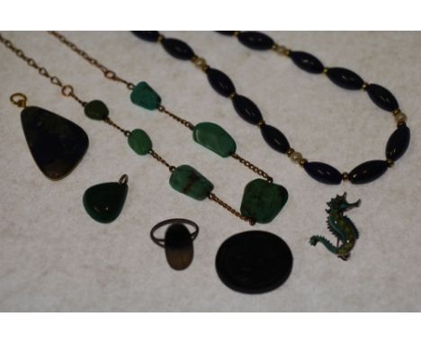 LAPIS LAZULI AND CULTURED PEARL NECKLACE, formed of 23 oval lapis lazuli beads and six cultured pearls, A ROUGH TURQUOISE BEA