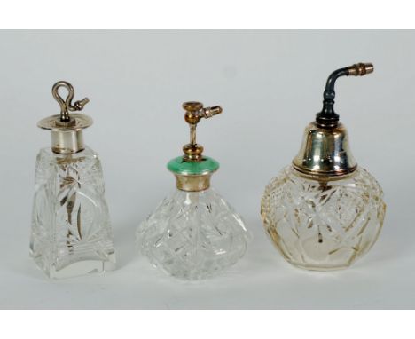 CUT GLASS PERFUME ATOMISER, WITH SILVER AND PALE GREEN GUILLOCHE ENAMEL MOUNT, TOGETHER WITH TWO OTHER GLASS PERFUME ATOMISER