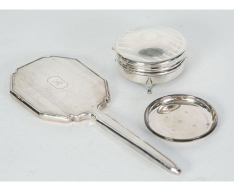 ENGINE TURNED SILVER CIRCULAR TRINKET BOX, on three paw feet, hinged lid, with silk lined interior, 3 ½" (9cm) diameter, Ches