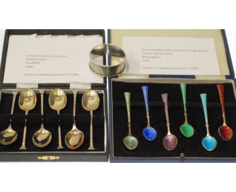 CASE SET OF SIX SILVER AND GUILLOCHE ENAMEL COFFEE SPOONS, Birmingham 1961, AND A CASED SET OF SIX SILVER GILT COFFEE SPOONS,