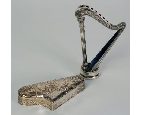 AN UNUSUAL EDWARDIAN WEIGHTED SILVER HARP-SHAPE HAT-PIN HOLDER, by Sampson Mordan & Co Ltd, Chester 1905, also an EDWARDIAN C