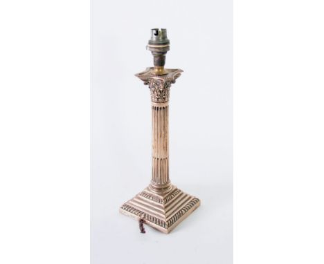 WEIGHTED SILVER CONVERTED CANDLESTICK ELECTRIC TABLE LAMP, Corinthian column style with gadrooned border, on stepped base, Sh