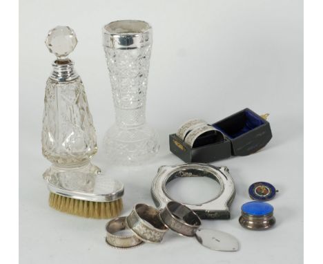 a CUT GLASS SILVER MOUNTED PERFUME BOTTLE, London 1905, A CUT GLASS SILVER MOUNTED GLASS VASE, Birmingham 1904, a silver moun