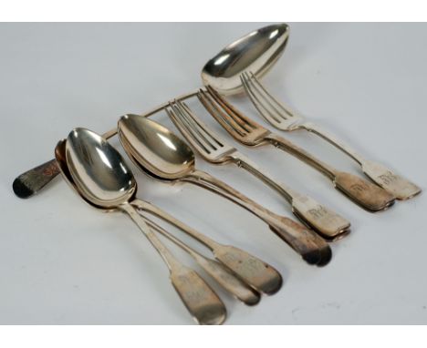 GEORGE III SILVER BASTING SPOON, London 1809, an odd GEORGE III SILVER TABLE SPOON, London 1805, a SET OF FOUR VICTORIAN SILV