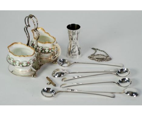 AN ELECTROPLATED STAND FOR A GEORGE JONES (CRESCENT CHINA) CREAM JUG AND SUGAR BASIN, TOGETHER WITH A SET OF SIX PLATED SPOON