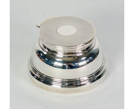 WEIGHTED SILVER INKWELL stepped circular form, with flat engine turned hinged lid, MAKERS MAPPIN & WEBB, Birmingham 1937, 4" 