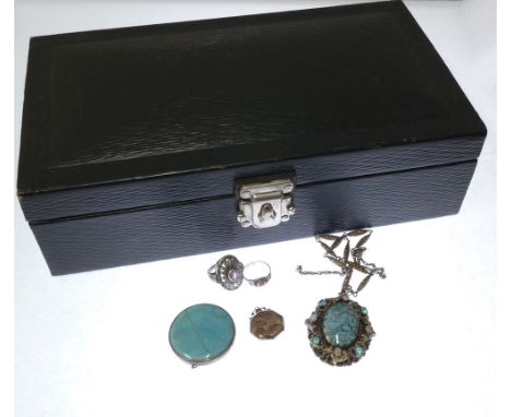 COSTUME JEWELLERY, including RUSKIN POTTERY CERAMIC BROOCH (af), BEADED AND CHAIN NECKLACES, CUFFLINKS AND TWO WRIST WATCHES,