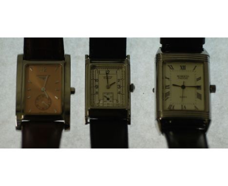 GENT'S LONGINES QUARTZ WRIST WATCH, rectangular copper dial with stainless steel case, on leather strap, A GENT'S ROBERTO PAG