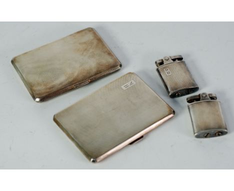 A PAIR OF SILVER ENGINE TURNED CIGARETTE CASES, with matching  SILVER RONSON LIGHTERS, Birmingham 1951, 13oz gross all in (4)