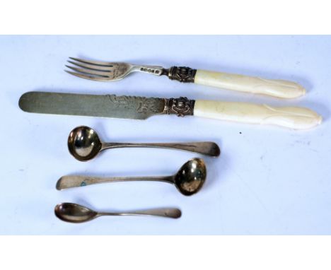 PAIR OF GEORGE III SILVER MUSTARD SPOONS, Early English pattern, London 1819; a SALT SPOON, London 1906 and a CHILD'S VICTORI