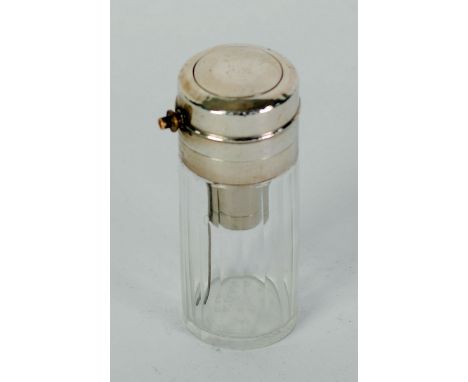 GENTLEMAN'S EDWARDIAN SILVER MOUNTED GLASS COLOGNE ATOMISER, cylindrical with silver push button inset top to the screw off l
