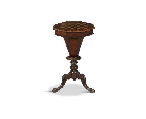 A VICTORIAN INLAID WALNUT GAMES TABLE, the hinged octagonal top inlaid with chessboard surrounded by scrolling floral decorat