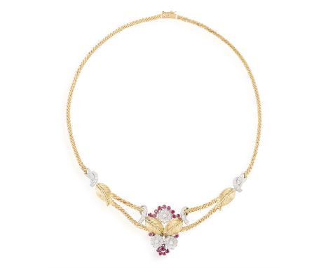 A RUBY AND DIAMOND NECKLACE, CIRCA 1955, the frontispiece with floral decorations highlighted with brilliant and single-cut d